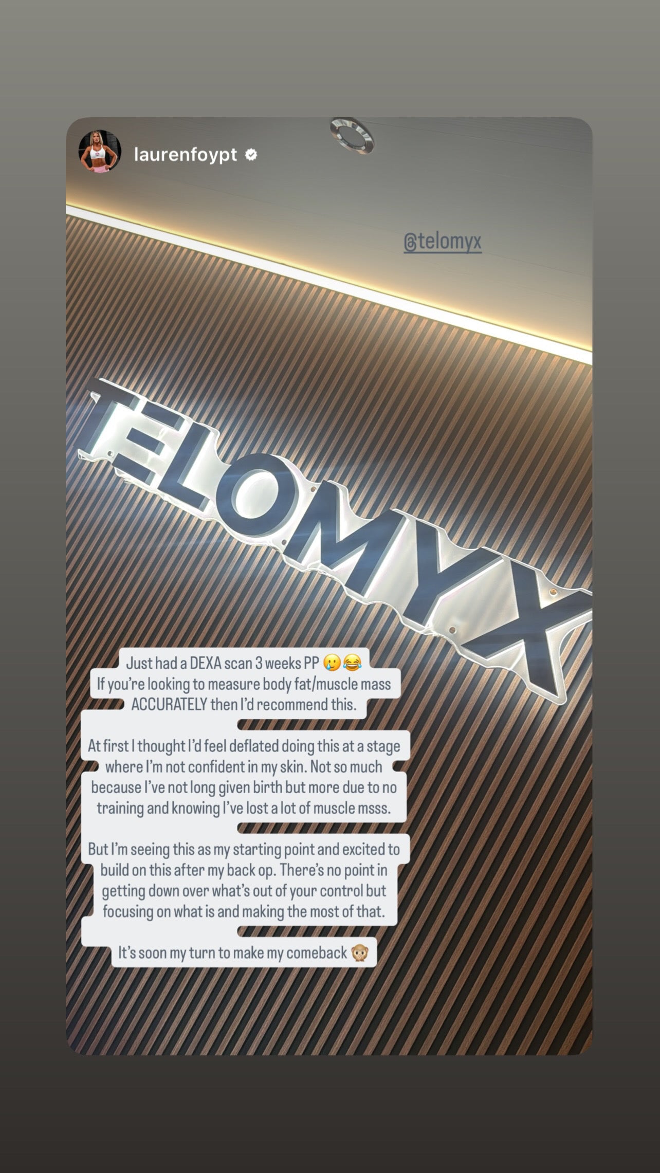 Client Instagram story tagging Telomyx after a scan