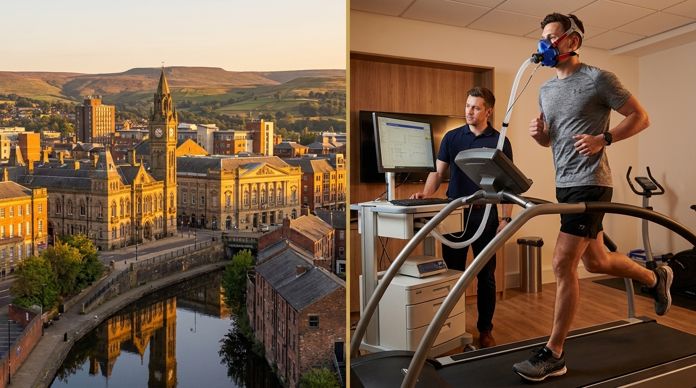 Oldham skyline alongside an athlete performing a VO2 Max treadmill test in a mask | TELOMYX mobile VO2 Max testing in Oldham and Greater Manchester