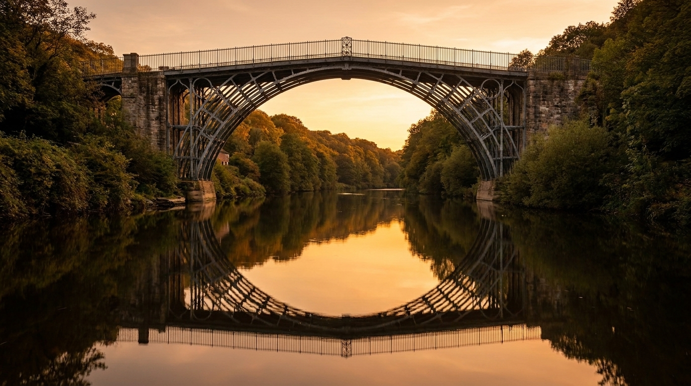 The Iron Bridge over the River Severn at Ironbridge Gorge near Telford at golden hour | TELOMYX mobile DEXA, VO2 Max and RMR testing in Telford and Shropshire