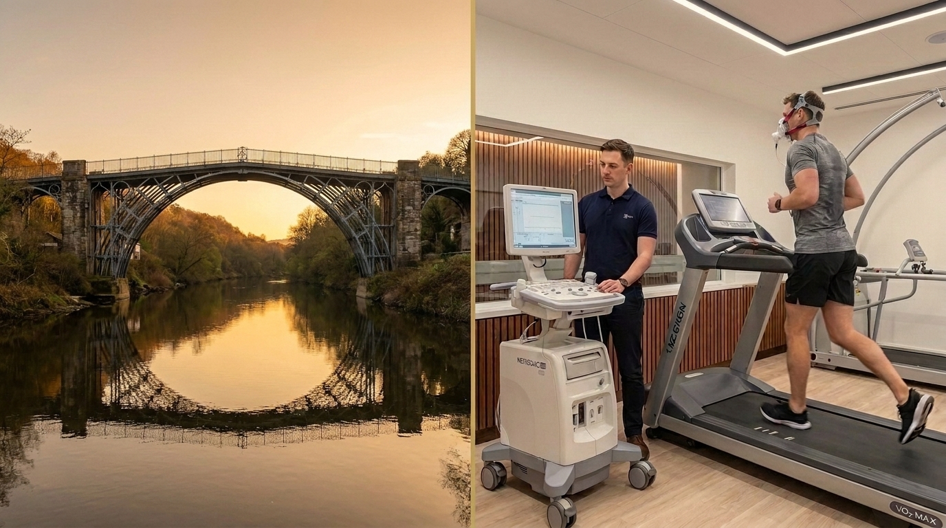 Telford's Iron Bridge alongside an athlete performing a VO2 Max treadmill test in a mask | TELOMYX mobile VO2 Max testing in Telford and Shropshire