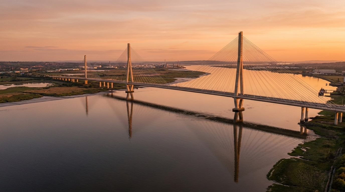 Widnes skyline with the Mersey Gateway bridge over the river at golden hour | TELOMYX mobile DEXA, VO2 Max and RMR testing in Widnes