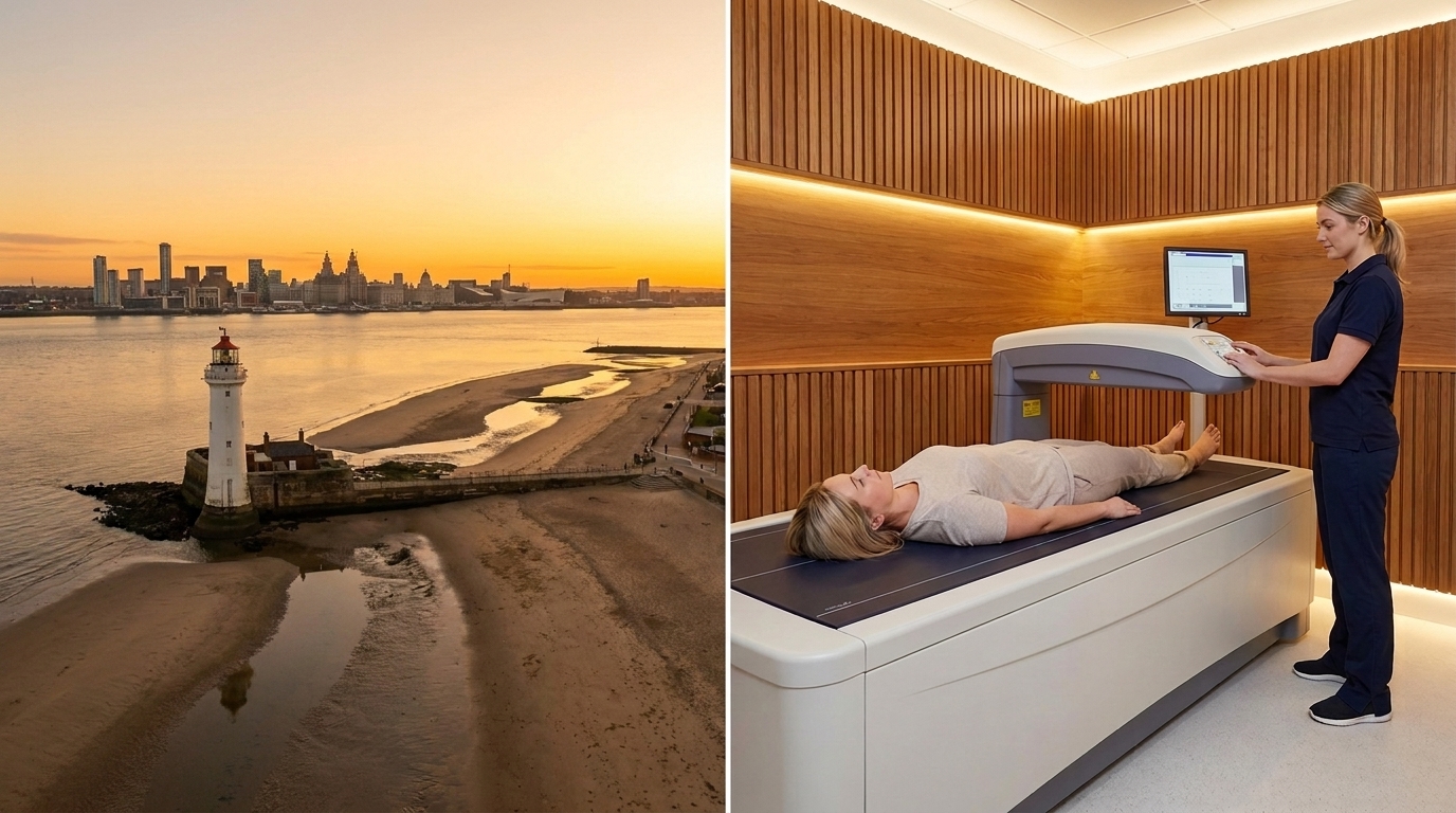 Wirral coastline alongside a clinical-grade DEXA body composition scanner | TELOMYX mobile DEXA scans in Wirral and Merseyside