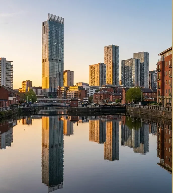 The Manchester skyline at dusk