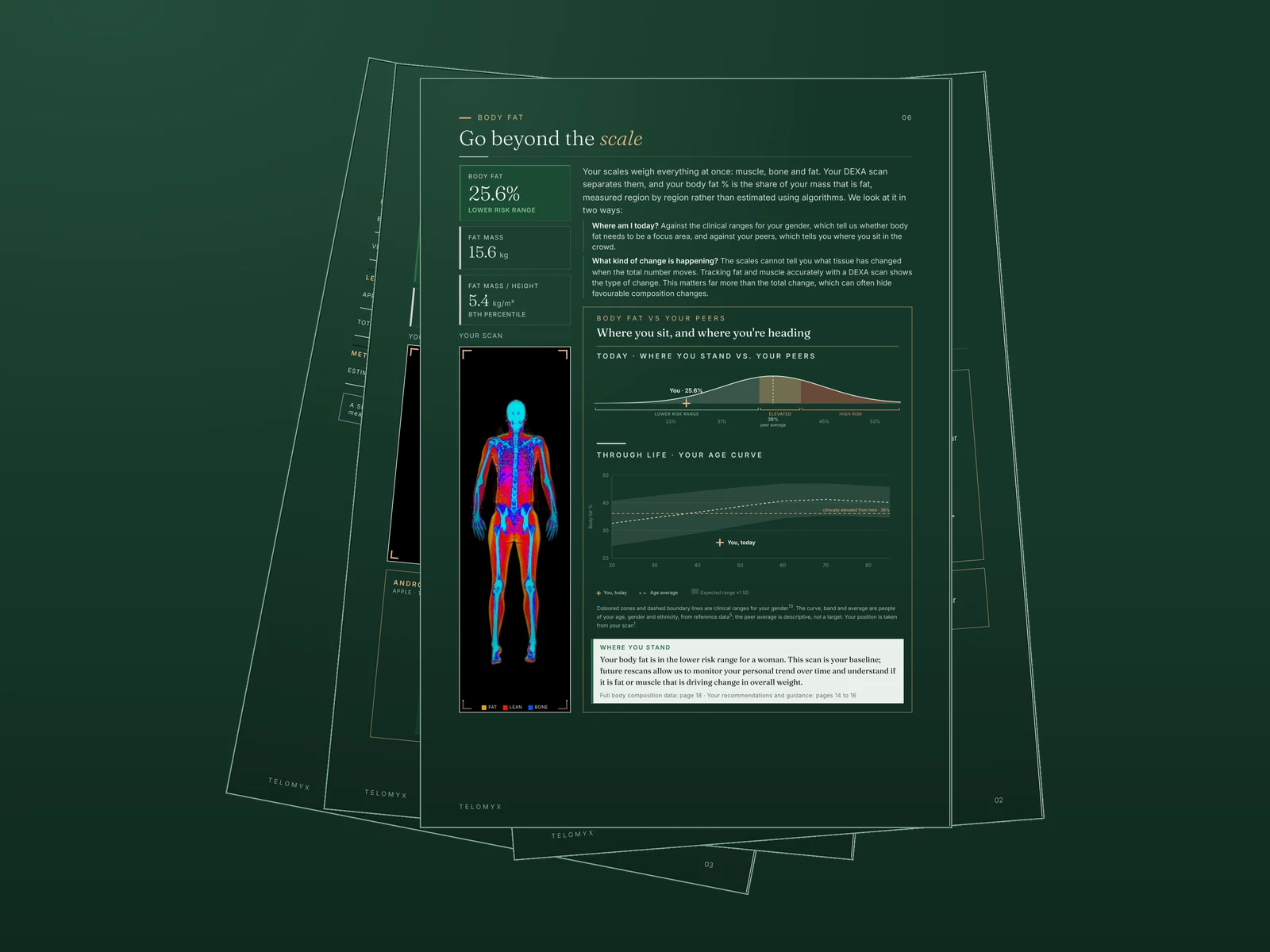 Pages of the TELOMYX DEXA report fanned out, with the body composition page and its fat, muscle and bone scan image on top